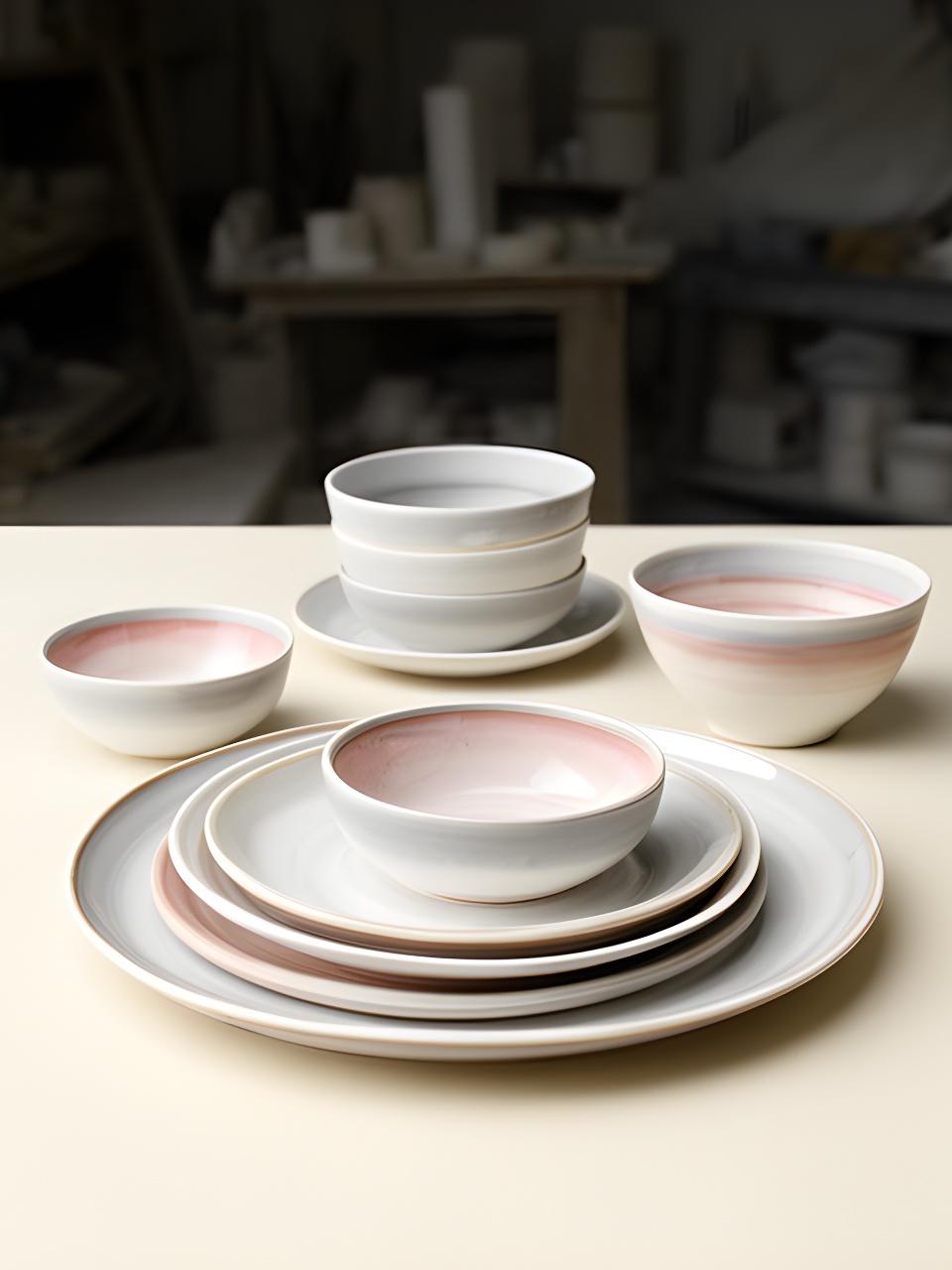 Feines Dinner-Set aus Keramik auf hellem Tisch im Studio mit natürlichem Licht