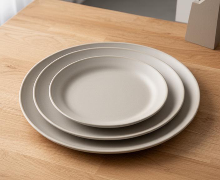 Grosses Teller-Set mit matter Glasur auf einem nordischen Holztisch