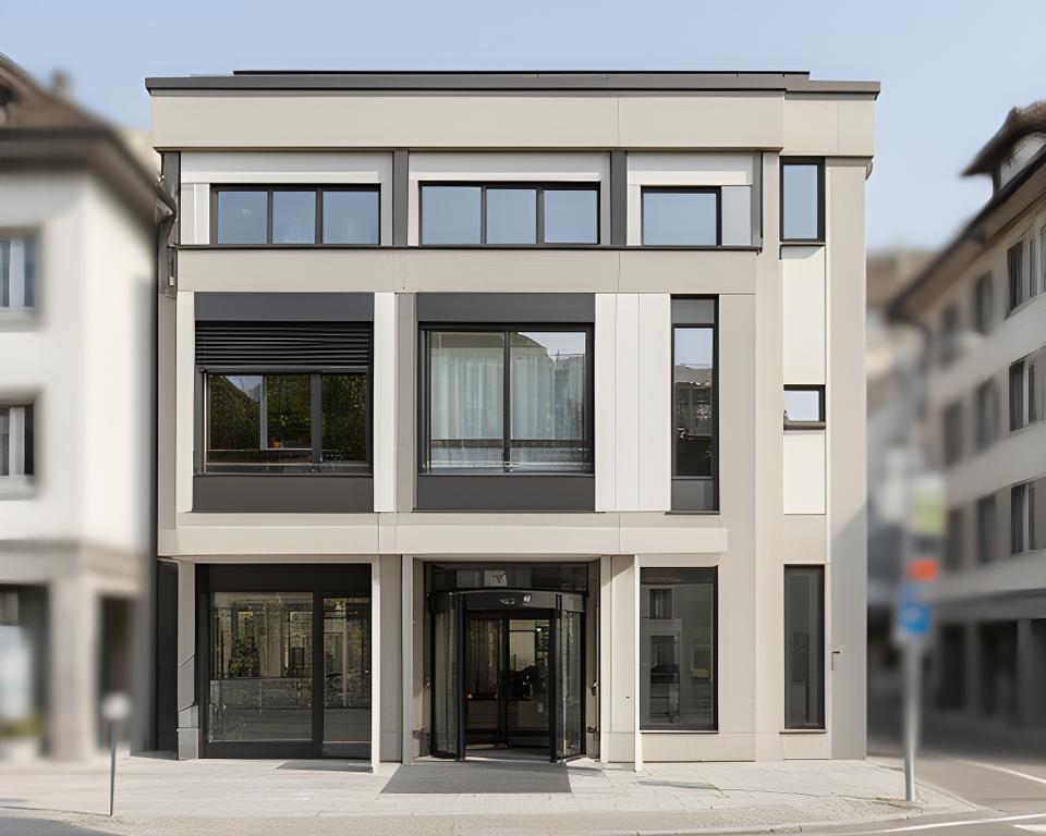 Aussenansicht eines Zürcher Gewerbegebäudes mit klarer Beschilderung und gut erreichbarem Eingang