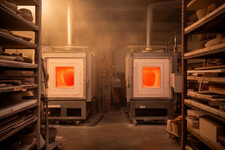 Brennöfen in einer warm beleuchteten Keramikwerkstatt mit sortierten Regalen