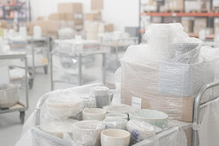 Sorgfältig verpackte Keramikstücke für den Versand in einem hellen Lagerraum