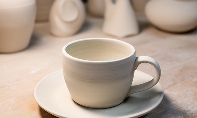 Kaffeetasse mit Untertasse auf einer Werkbank neben Porzellanrohlingen