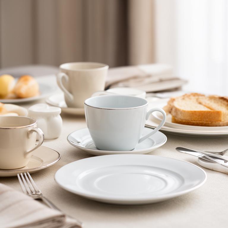 Elegantes Hotelporzellan auf hell gedecktem Frühstückstisch mit feinen Details
