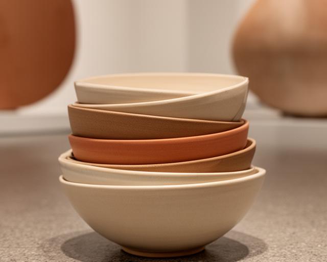 Gestapelte Bowls in warmen Naturtönen in einer modernen Ausstellung