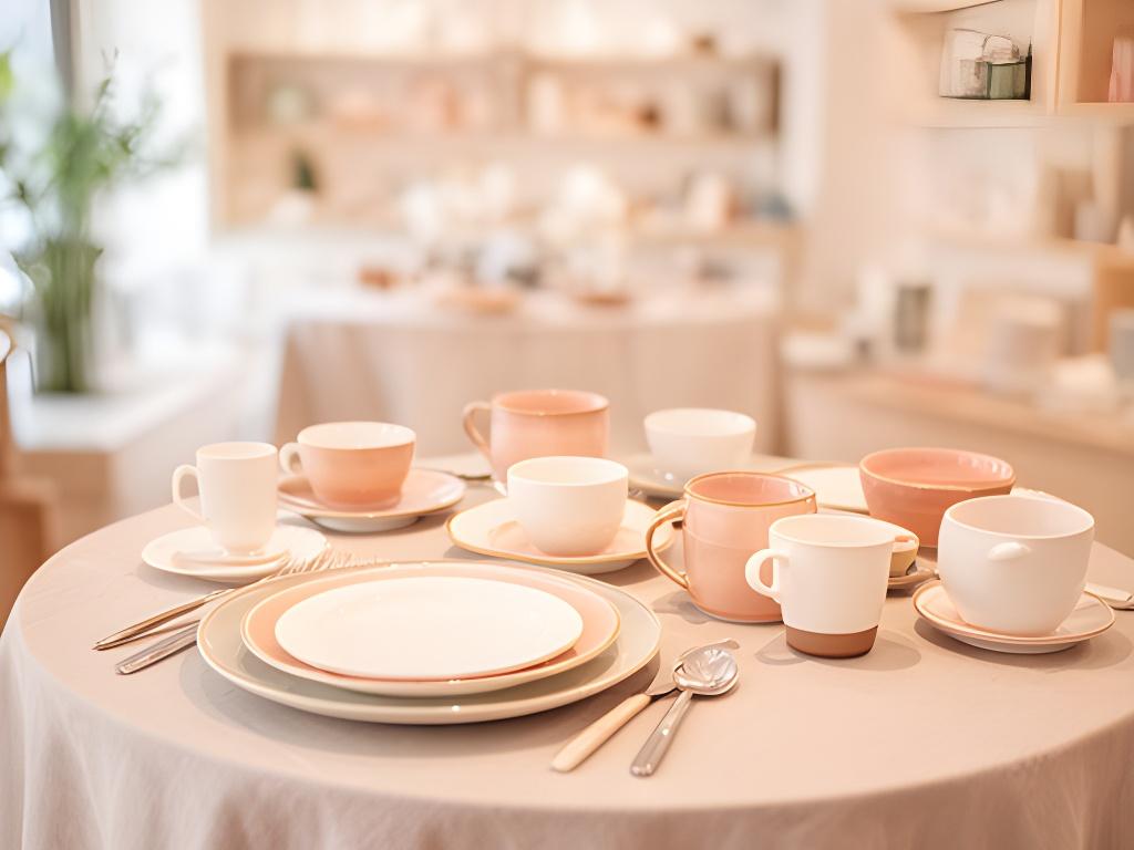 Helles Keramik-Showroom-Interieur mit gedecktem Tisch, Porzellantellern und sorgfältig arrangierten Tassen